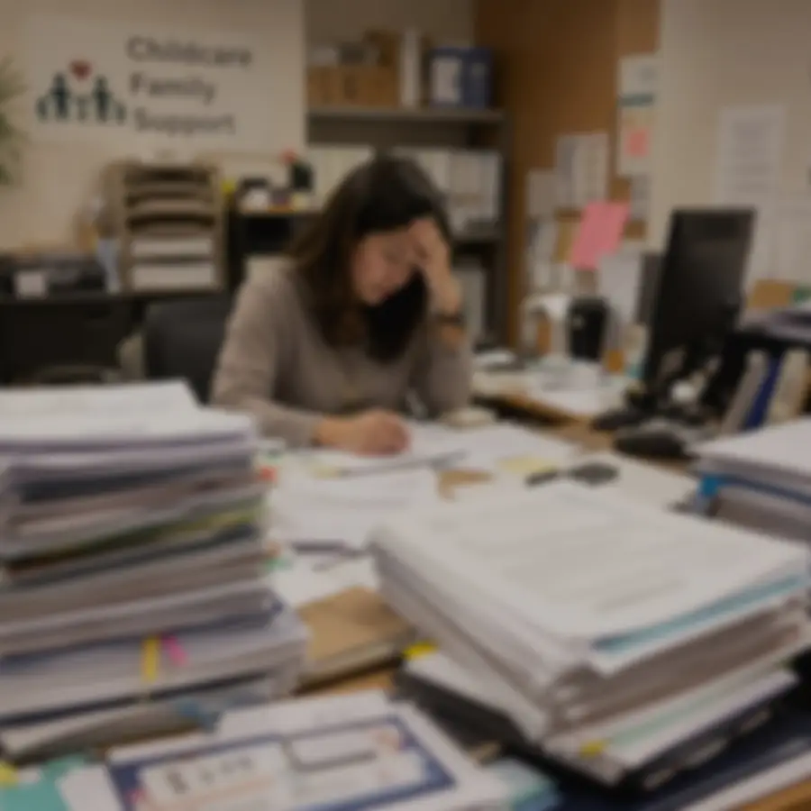 書類に囲まれて事務作業をする支援拠点のスタッフ